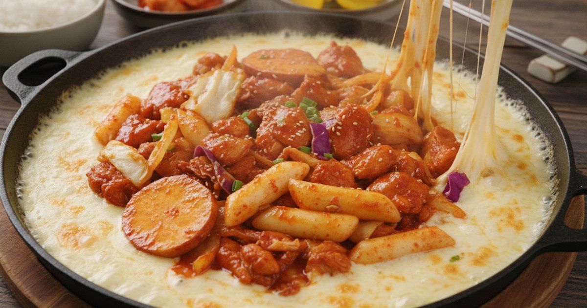 芝士辣炒鸡排：韩式辣鸡配熔岩芝士护城河（치즈닭갈비）