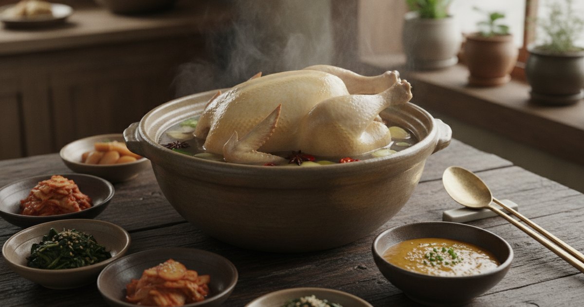 Dakhanmari: Korean Whole Boiled Chicken in Broth with Spicy Mustard Sauce
